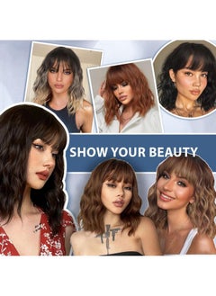 LOSMOEER Brown Highlight Wig With Bangs Short Wavy Wigs For Women Shoulder Length Curly Bob Wigs Heat Resistant Synthetic Wigs For Halloween Cosplay Daily Party Use  - Image 1