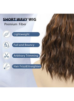 LOSMOEER Brown Highlight Wig With Bangs Short Wavy Wigs For Women Shoulder Length Curly Bob Wigs Heat Resistant Synthetic Wigs For Halloween Cosplay Daily Party Use  - Image 2