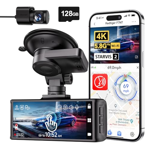 REDTIGER 4K Dash Cam Front and Rear, STARVIS 2 Sensor, Touch Screen 3.18", 128GB Card Included, Voice Control, 5.8GHz WiFi Car Dash Camera, GPS, Night Vision, Emergency Lock, Parking Mode (F7N Touch) - Image 1