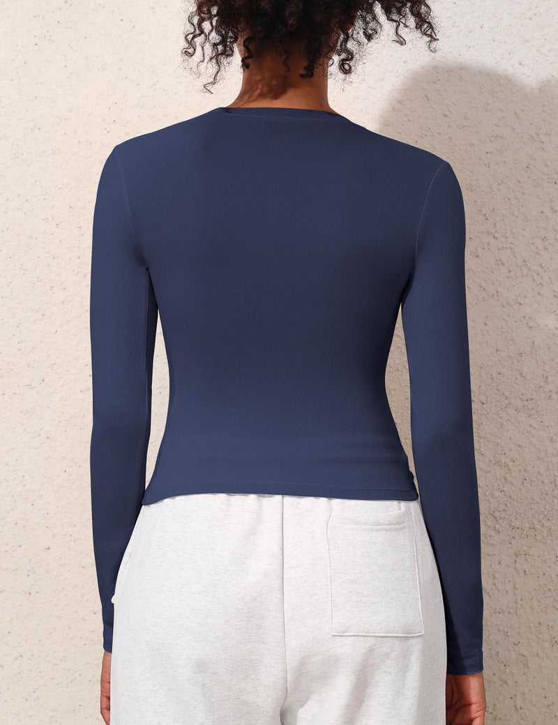PrettyGuide Women's Long Sleeve Basic Cotton Shirts Tees Tight Fitted Going Out Y2k Crop Tops Navy Blue S - Image 5