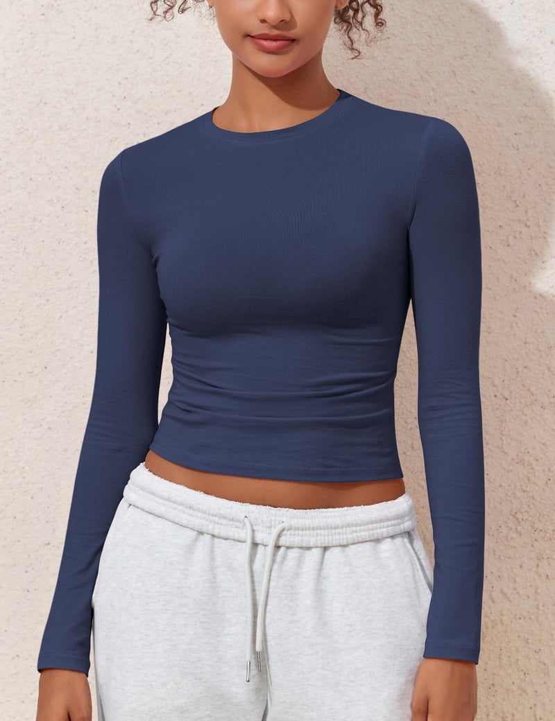 PrettyGuide Women's Long Sleeve Basic Cotton Shirts Tees Tight Fitted Going Out Y2k Crop Tops Navy Blue S - Image 3