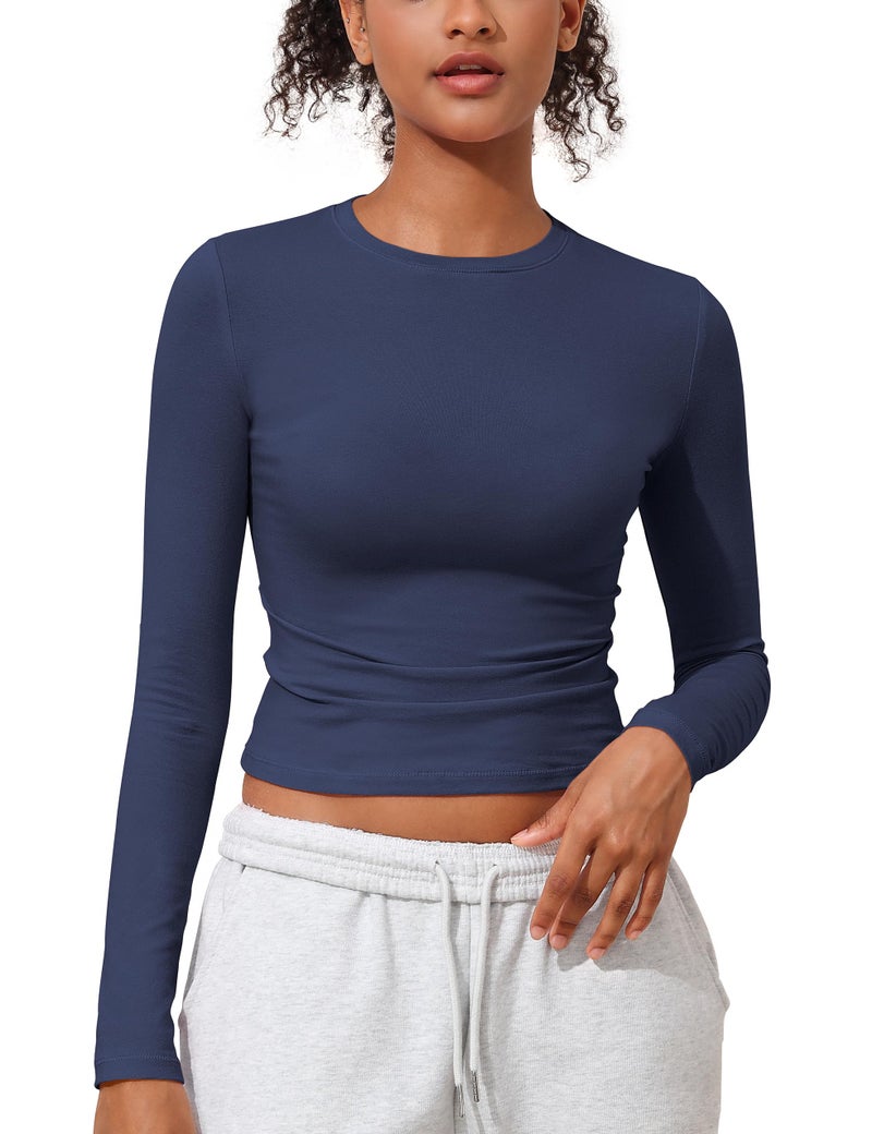 PrettyGuide Women's Long Sleeve Basic Cotton Shirts Tees Tight Fitted Going Out Y2k Crop Tops Navy Blue S - Image 2