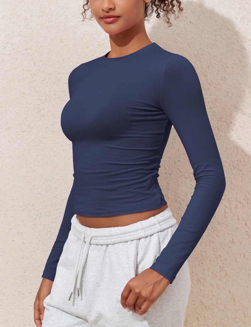 PrettyGuide Women's Long Sleeve Basic Cotton Shirts Tees Tight Fitted Going Out Y2k Crop Tops Navy Blue S - Image 4