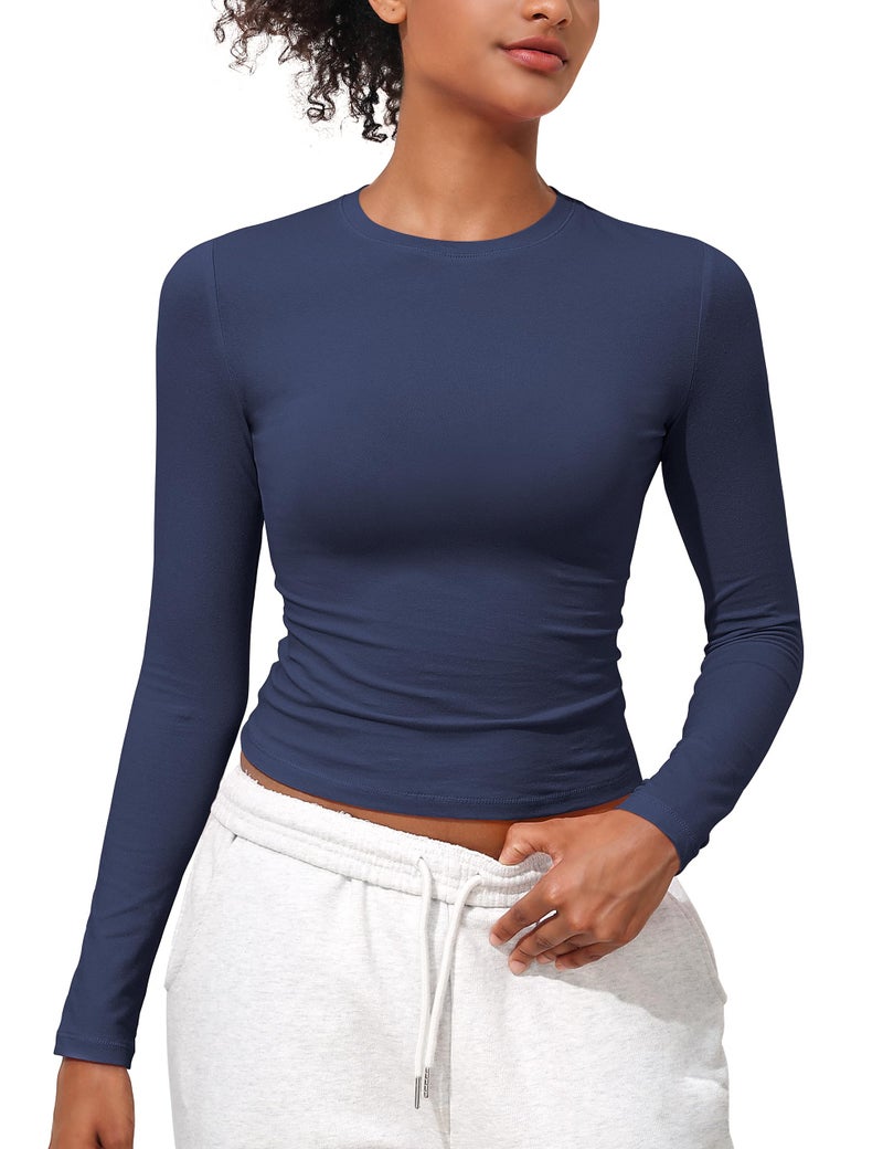 PrettyGuide Women's Long Sleeve Basic Cotton Shirts Tees Tight Fitted Going Out Y2k Crop Tops Navy Blue S - Image 1