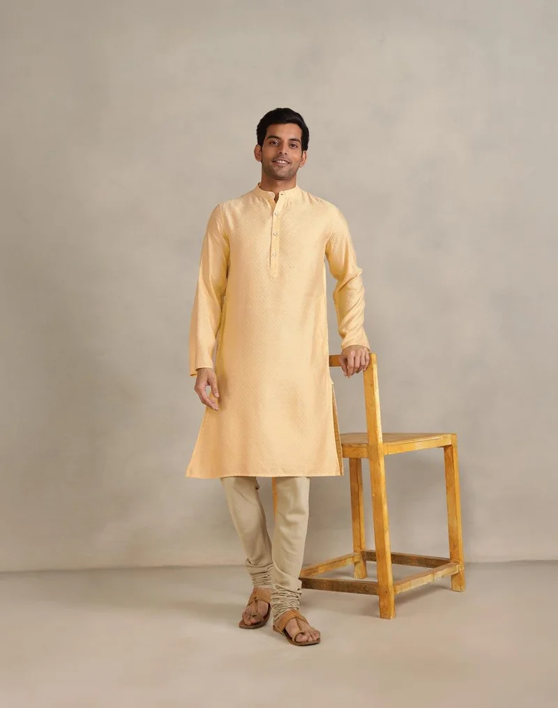 Fabindia Beige Viscose Silk Slim Fit Long Kurta