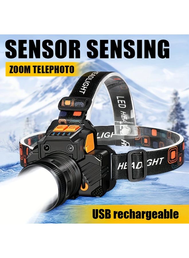 Black USB Rechargeable Headlamp IP65 Waterproof Hands Free Flashlight For Outdoor Emergency - Image 2