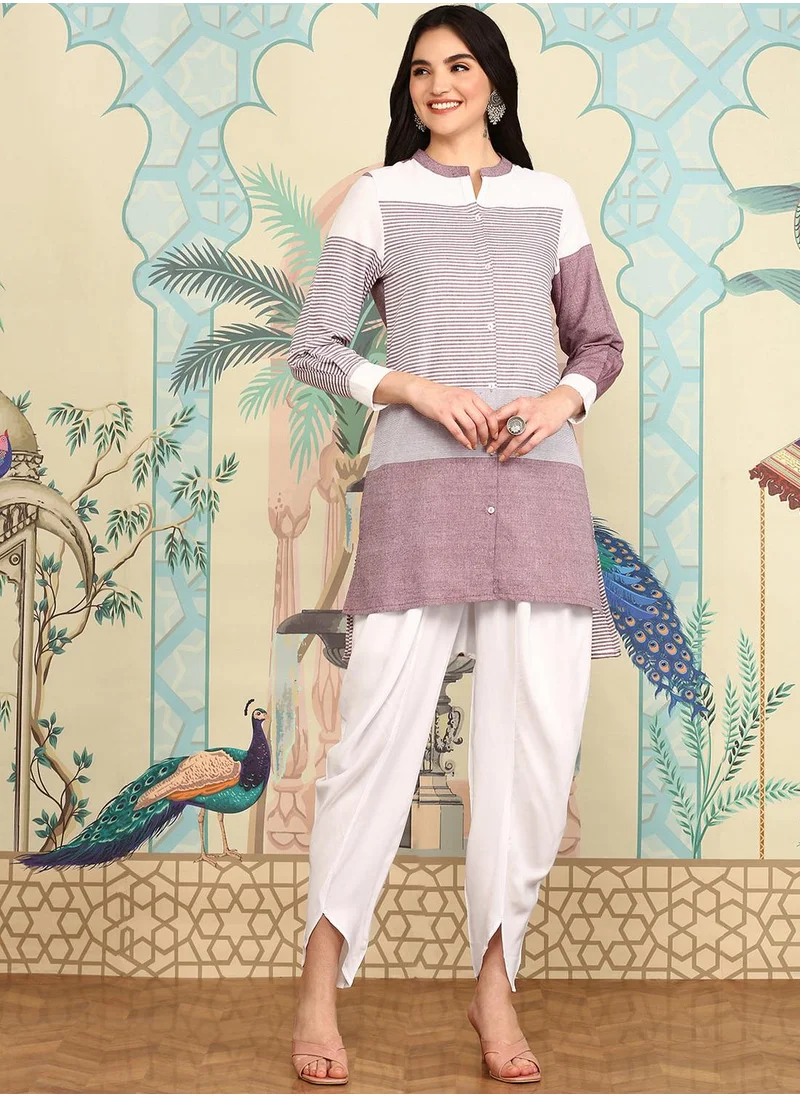 آي شين Striped Mandarin Collar Three-Quarter Sleeves Kurti With Dhoti Pants