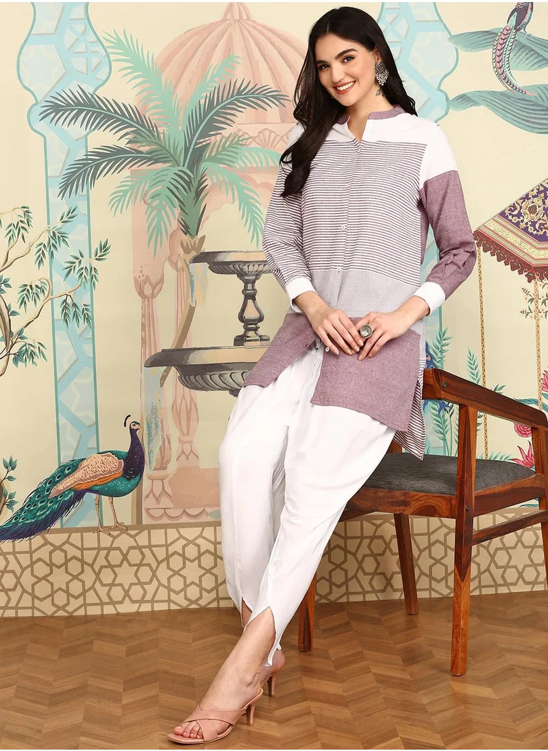 ISHIN Striped Mandarin Collar Three-Quarter Sleeves Kurti With Dhoti Pants