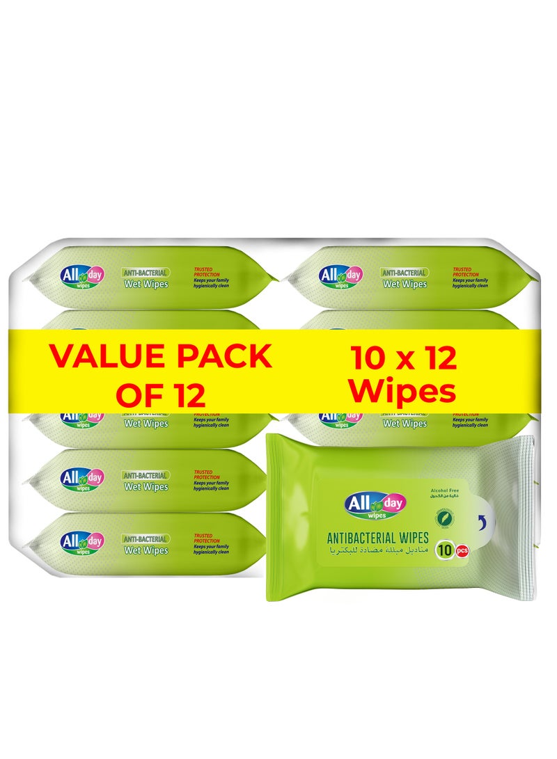 All day wipes All Day Anti-Bacterial Wet Wipes-10 Count: Kills 99.9% of Germs. Keep your environment clean and germ-free. Designed for everyday use. Multi-purpose wipes. Bleach-free. (Pack of 12) - Image 1