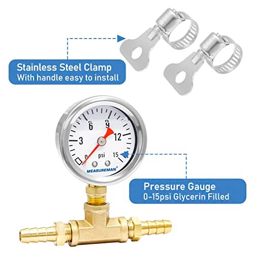 MEASUREMAN Fuel Pressure Gauge Kit 0-15Psi Stainless Steel Glycerin Filled, 1-1/2" Dial Size, with 5/16" Fuel Line Fuel Pressure Brass T-Fitting Adapter, Lower Mount - Image 3