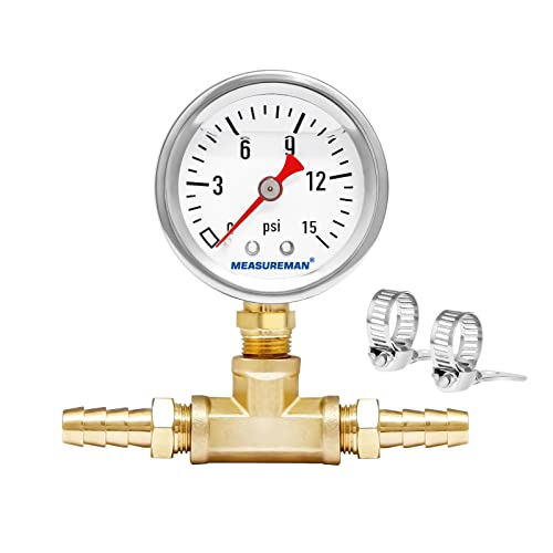 MEASUREMAN Fuel Pressure Gauge Kit 0-15Psi Stainless Steel Glycerin Filled, 1-1/2" Dial Size, with 5/16" Fuel Line Fuel Pressure Brass T-Fitting Adapter, Lower Mount - Image 1