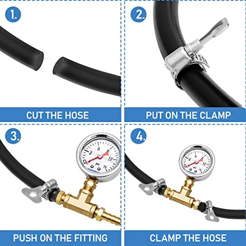 MEASUREMAN Fuel Pressure Gauge Kit 0-15Psi Stainless Steel Glycerin Filled, 1-1/2" Dial Size, with 5/16" Fuel Line Fuel Pressure Brass T-Fitting Adapter, Lower Mount - Image 4