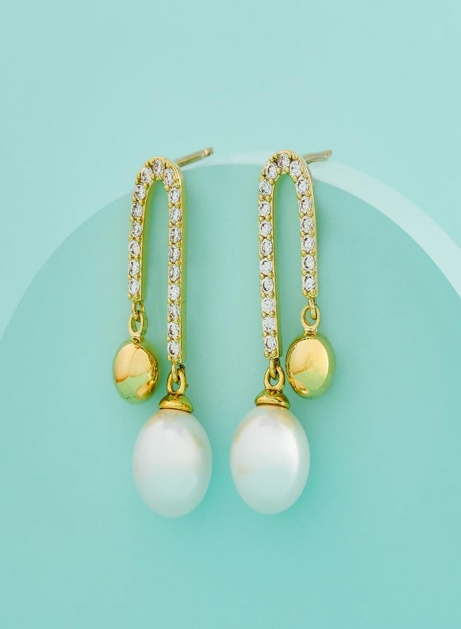 Kushal's Fashion Jewellery Pearl Gold Polished Copper Trendy Earrings, Best for Casual Wear & Special Occasion - 455592 - Image 3
