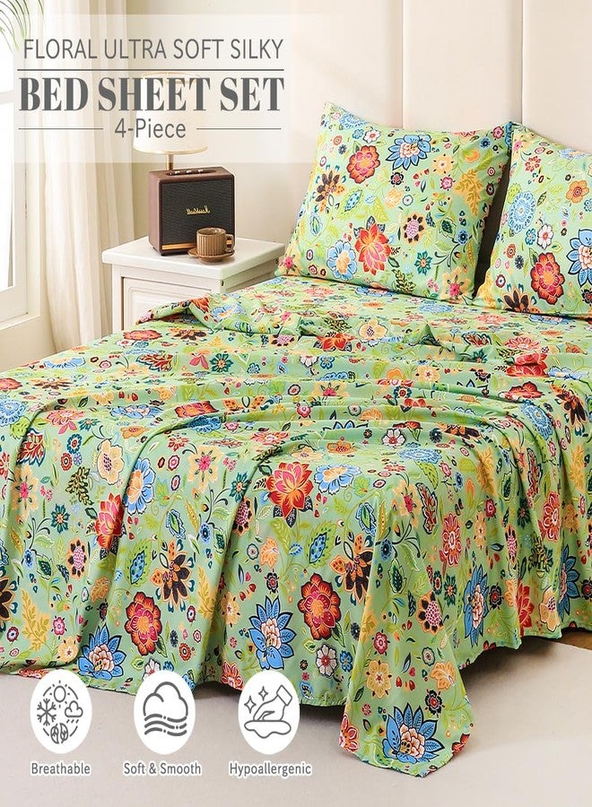 Bedlifes California King Sheet Set Ultra Soft, Breathable, Silky Flower Deep Pocket 100% Microfiber Bedding, 4 Piece Cal King Size with Floral Sage Green - Image 2