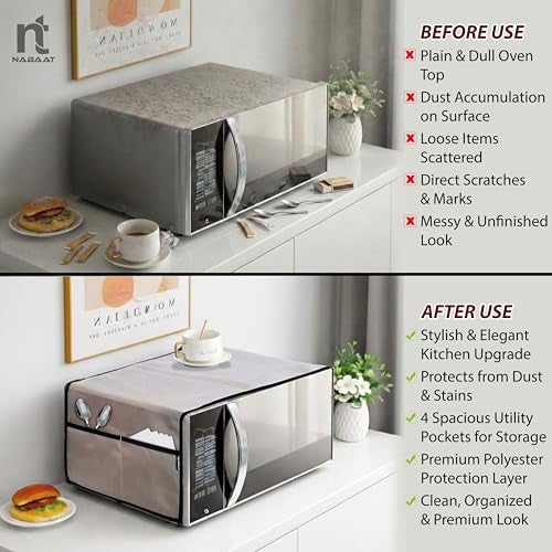 NABAAT Premium Microwave Oven Cover for Kitchen Decor Durable Dustproof Waterproof Modern Design with 4 Side Pockets for Kitchen Accessories - 100 x 35cm (Light Grey) - Image 4