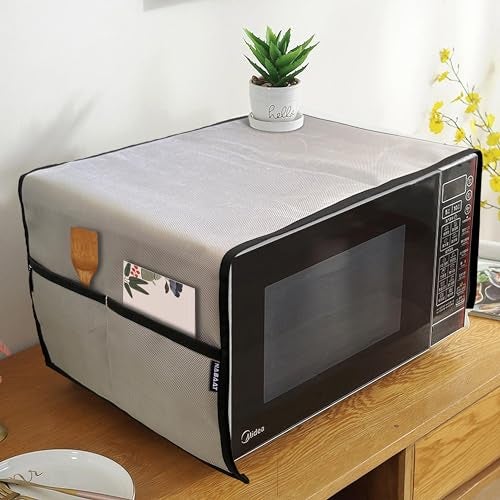 NABAAT Premium Microwave Oven Cover for Kitchen Decor Durable Dustproof Waterproof Modern Design with 4 Side Pockets for Kitchen Accessories - 100 x 35cm (Light Grey) - Image 1