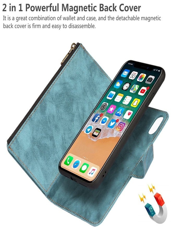iCoverCase for iPhone Xs Max Wallet Case with Card Holder and Wrist Strap, PU Leather Kickstand Card Slots Zipper Pocket Magnetic [Detachable] Flip Cover Case 6.5 Inch (Blue) - Image 5