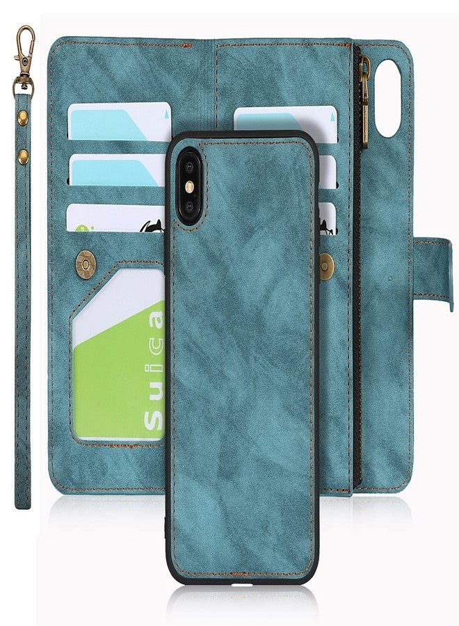 iCoverCase for iPhone Xs Max Wallet Case with Card Holder and Wrist Strap, PU Leather Kickstand Card Slots Zipper Pocket Magnetic [Detachable] Flip Cover Case 6.5 Inch (Blue) - Image 1