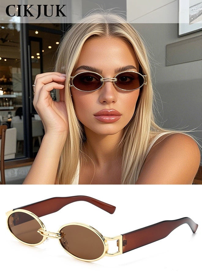 CIKJUK Oval Sunglasses Women Men Metal Frame Sun Glasses Retro Men's Women's Sunglass Ovale Eye Glasses Trendy Shades for UV400 Protection Sun Glas Brown - Image 1