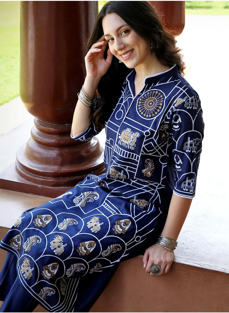 QISSA Women's Navy Blue Animal Print Kurta With Navy Blue Trousers Set