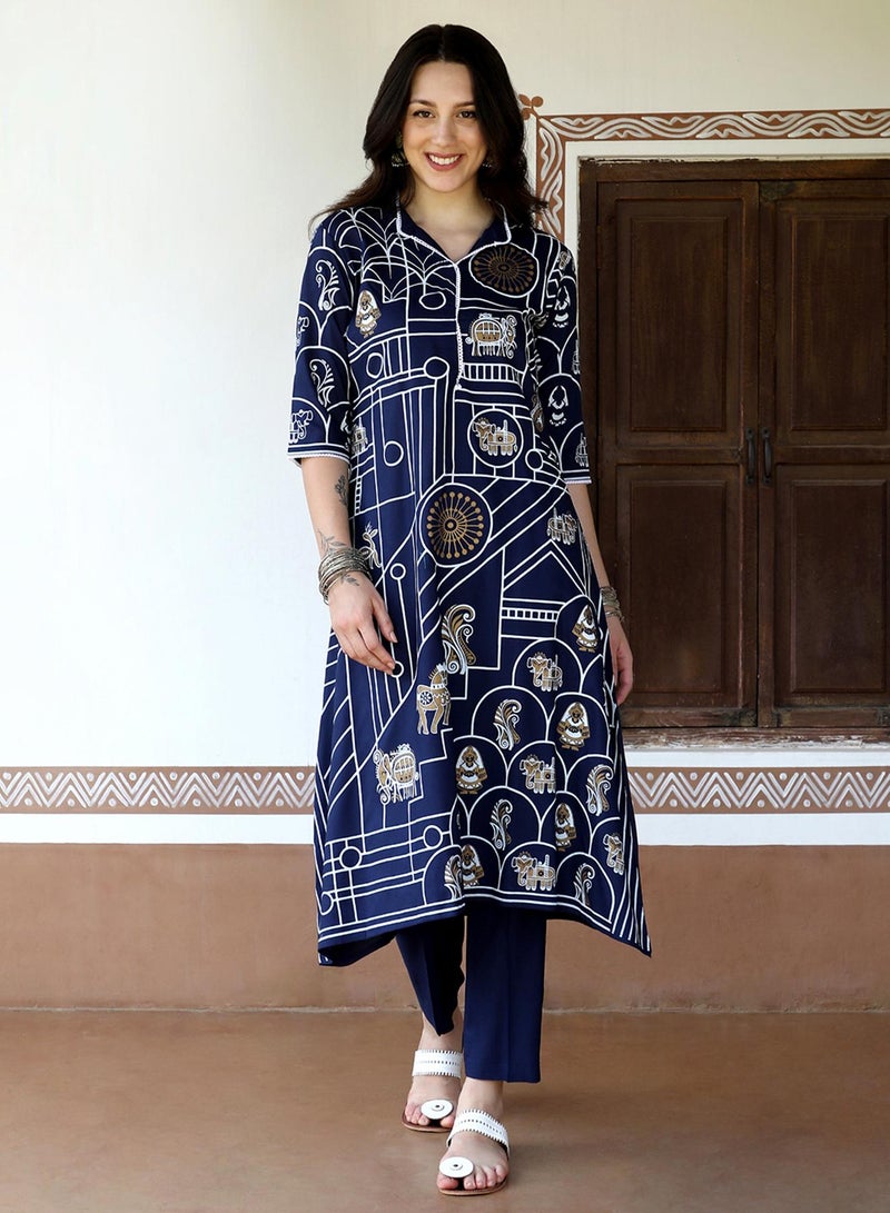  قصة Women's Navy Blue Animal Print Kurta With Navy Blue Trousers Set  - Image 2