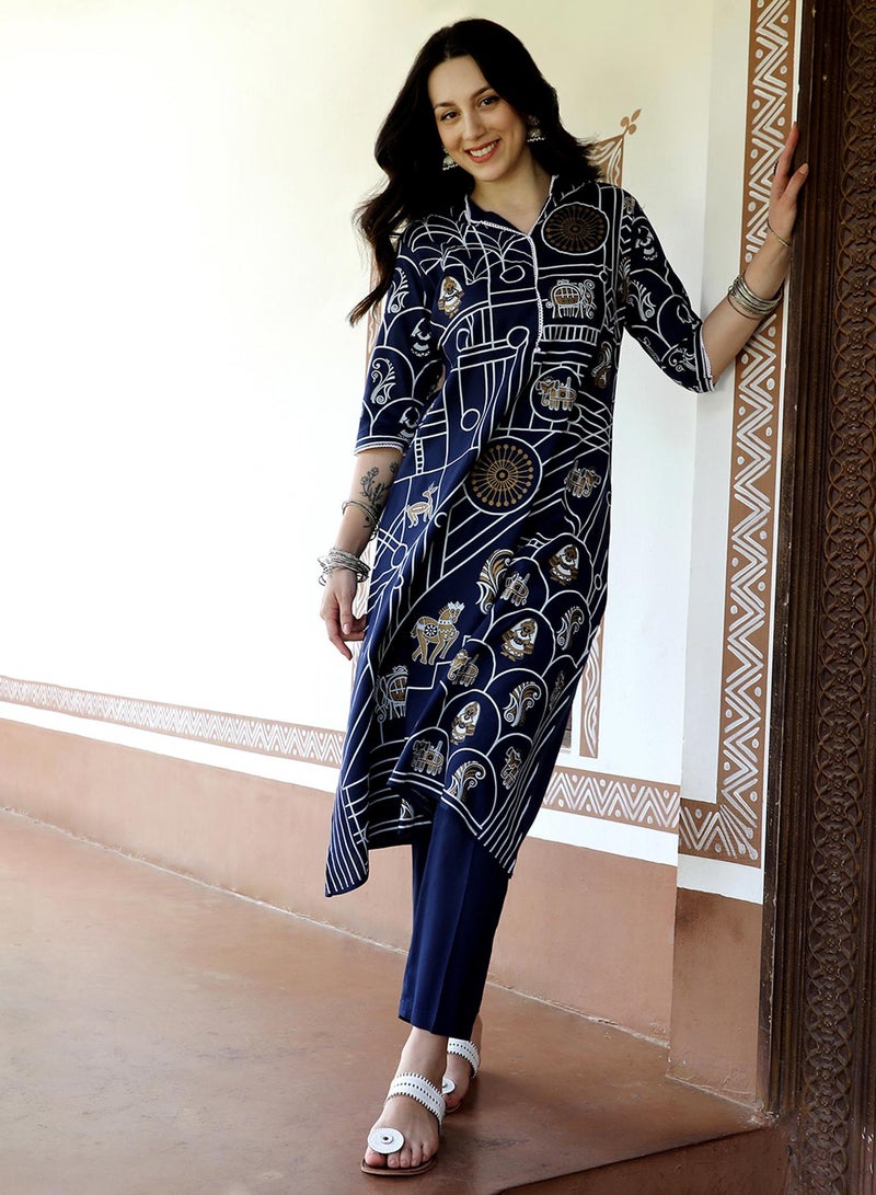  قصة Women's Navy Blue Animal Print Kurta With Navy Blue Trousers Set  - Image 5