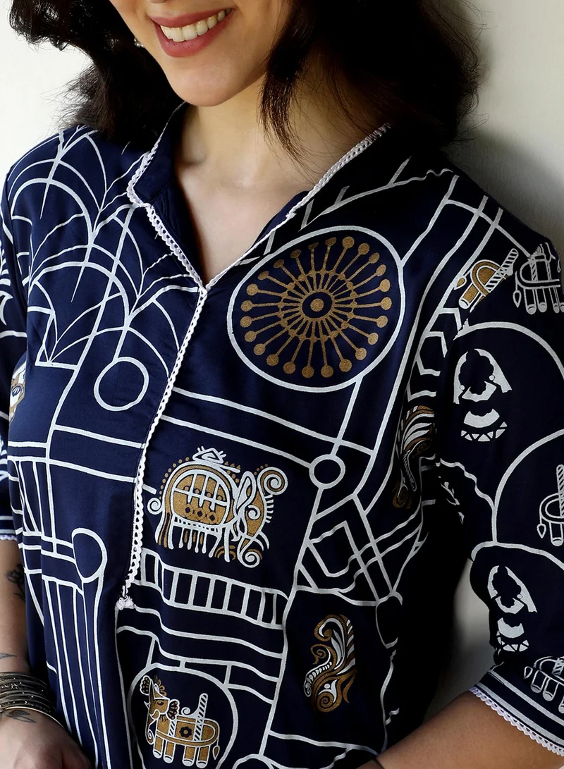 QISSA Women's Navy Blue Animal Print Kurta With Navy Blue Trousers Set