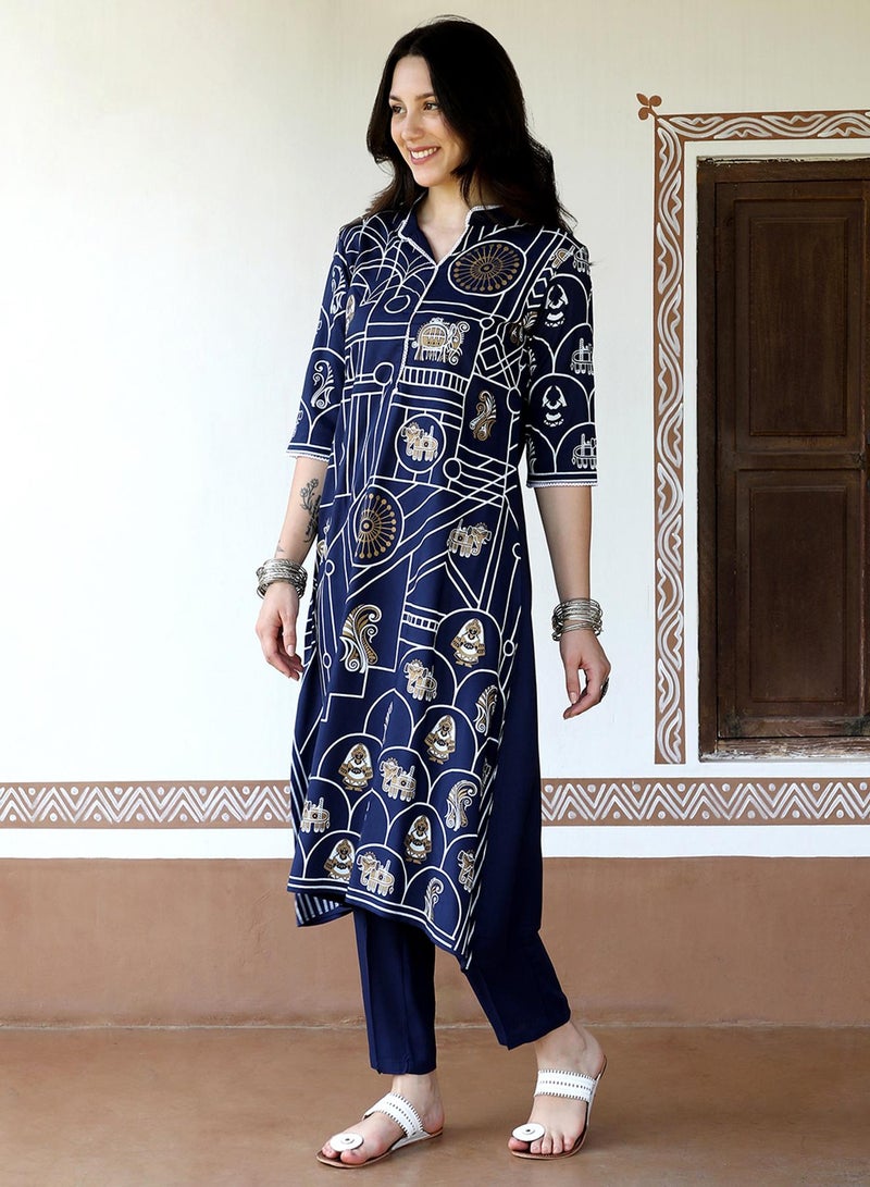  قصة Women's Navy Blue Animal Print Kurta With Navy Blue Trousers Set  - Image 3