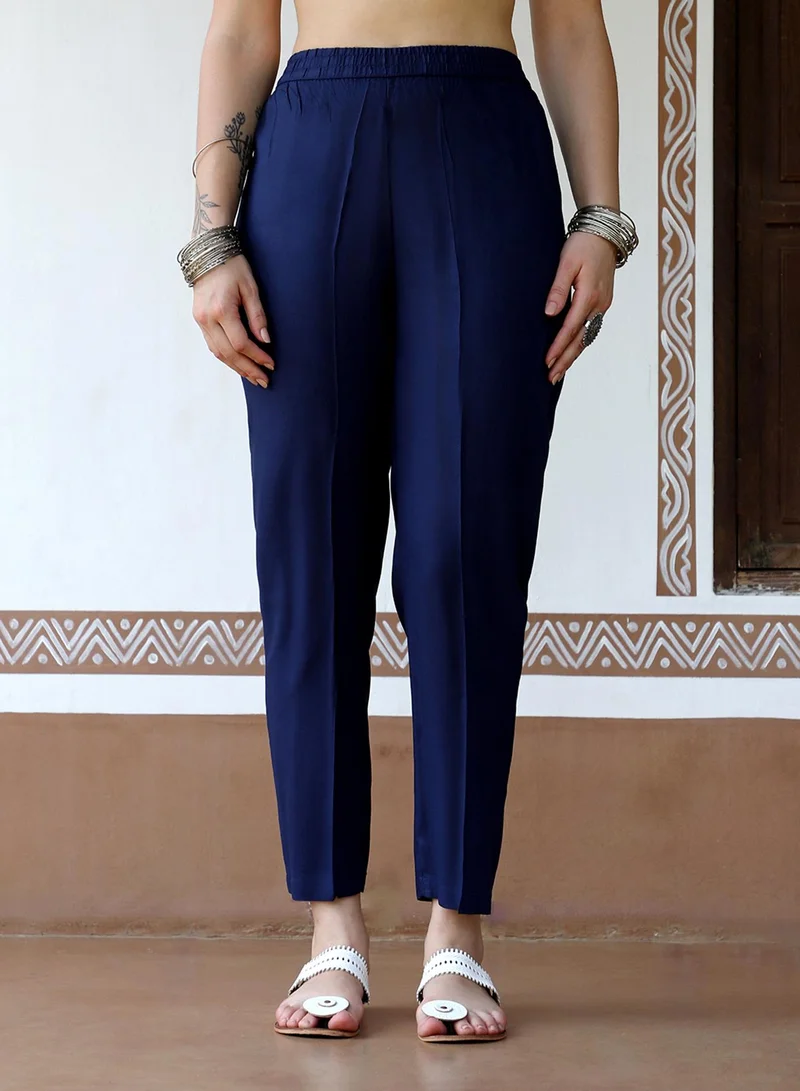 QISSA Women's Navy Blue Animal Print Kurta With Navy Blue Trousers Set