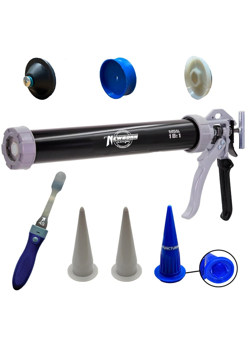 Newborn Newborn 620ALBlack Round Rod Caulk Gun with Aluminum Barrel  181 Thrust Ratio  20 oz Sausage Cartridge Capacity  Includes Ring Cap Cones  Sausage Cup  - Image 1