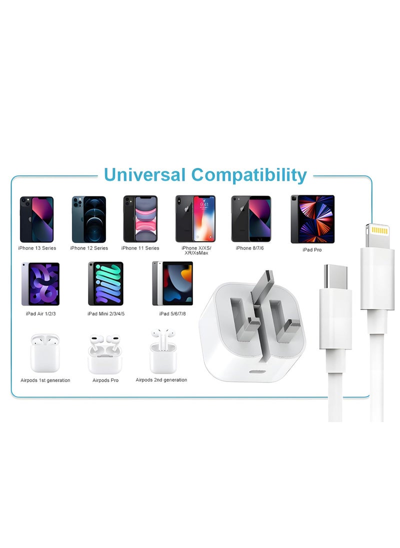 Phone 20W PD Fast Charger, Type C Power Block Wall Charger Plug Adapter 1-M USB-C to Lightning Cable 14 13 12 11 Pro Mini XS XR X, iPad, AirPod, white