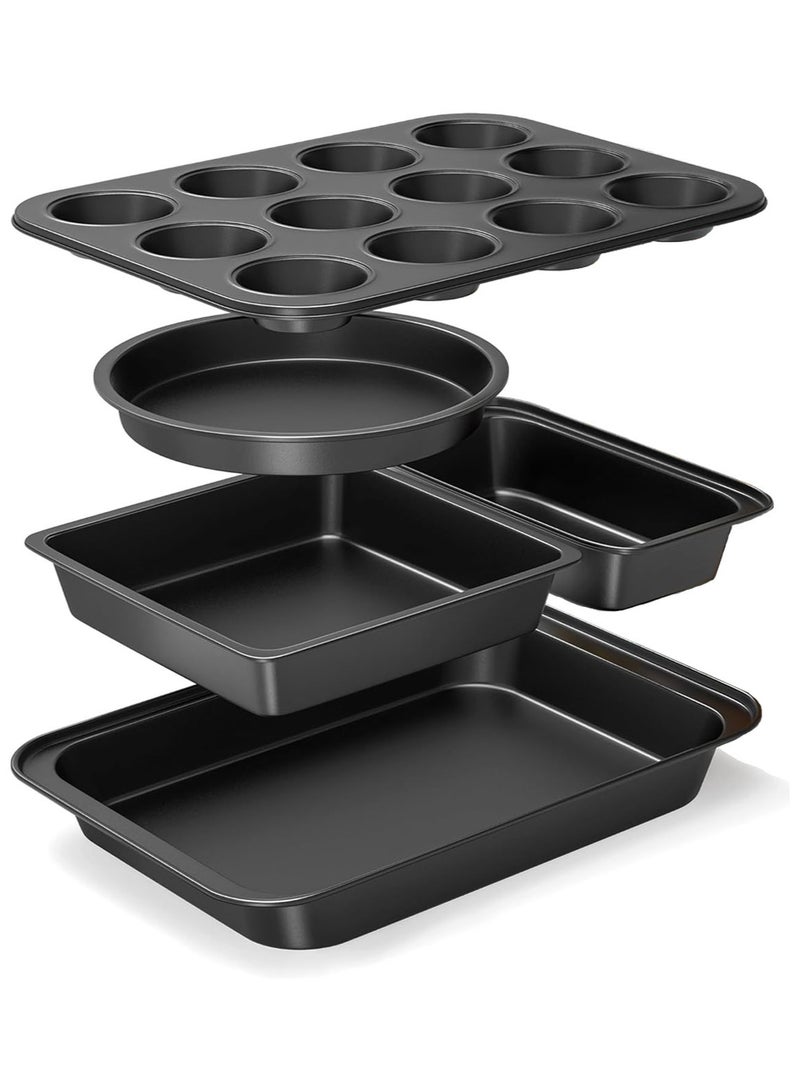 MarlaMall 5 PCS Baking Pans Set, Nonstick Baking Sheet Tray Oven Pans Bakeware Set, Baking Supplies with Round/Square Cake Pan, Muffin Pan, Loaf Pan, Roast Pan, Stackable Baking Sets for Cooking - Image 1