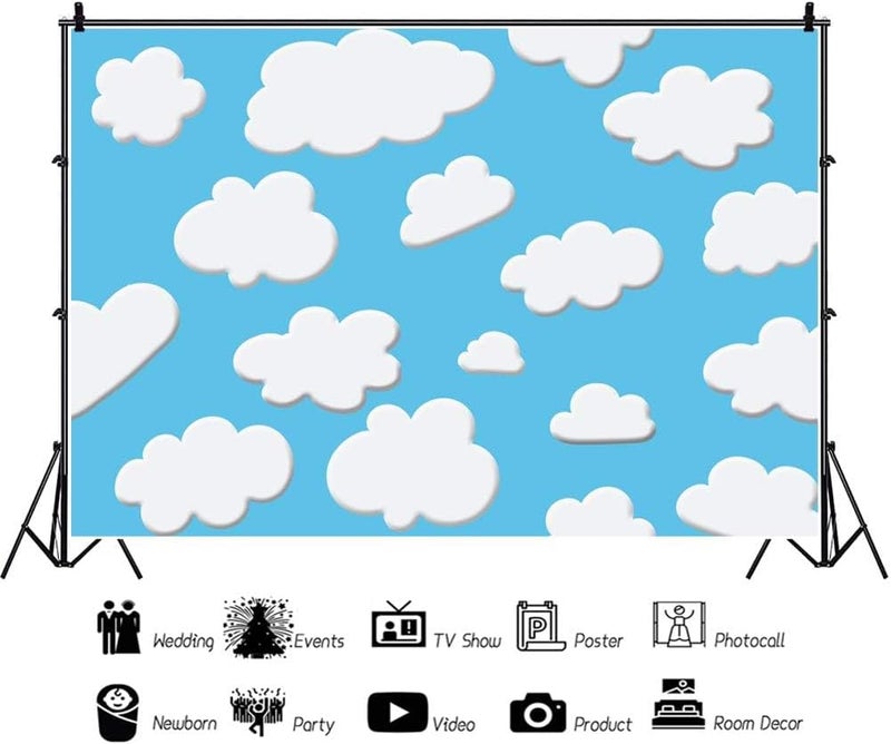 Laeacco 10x65ft Cartoon Blue Sky White Clouds Background Cute Clouds Kids Birthday Party Background Newborn Baby Shower Dessert Table Banner Boy Baby Shower Party Decoration Children Photo Studio - Image 4