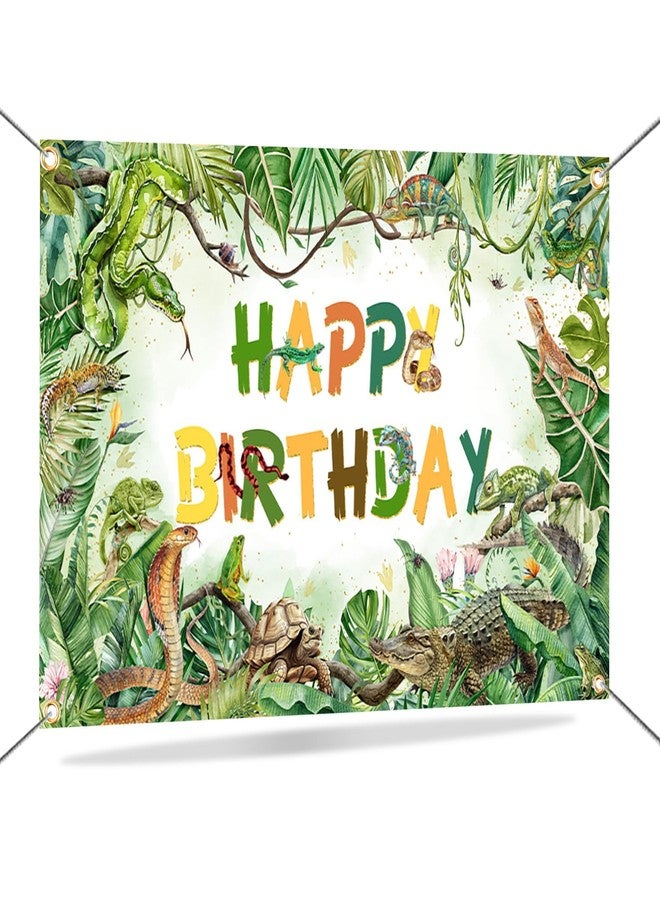 Mocsicka Reptile Birthday Backdrop Lizard Snake Turtle Birthday Party Decorations Tropical Jungle Safari Animals Background for Kids Party Supplies 70.8 x 43.3 Inch (White) - Image 1