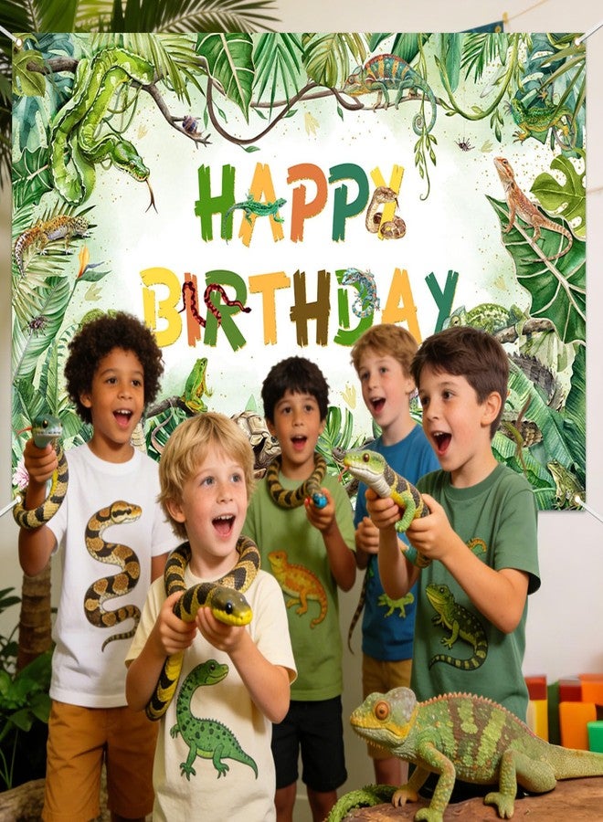 Mocsicka Reptile Birthday Backdrop Lizard Snake Turtle Birthday Party Decorations Tropical Jungle Safari Animals Background for Kids Party Supplies 70.8 x 43.3 Inch (White) - Image 4