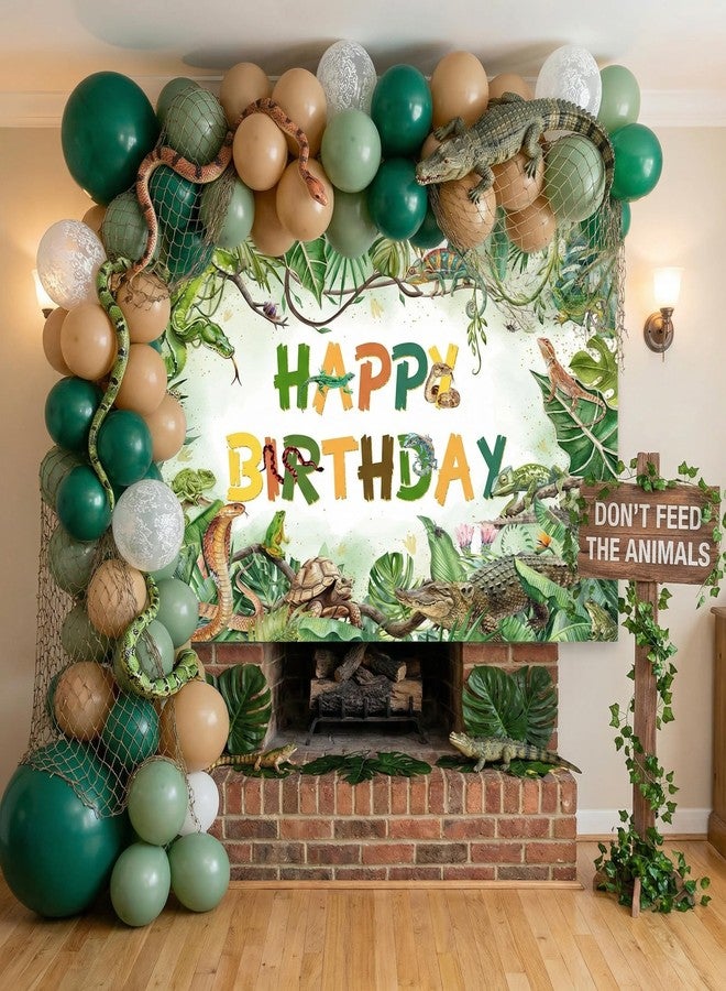 Mocsicka Reptile Birthday Backdrop Lizard Snake Turtle Birthday Party Decorations Tropical Jungle Safari Animals Background for Kids Party Supplies 70.8 x 43.3 Inch (White) - Image 2