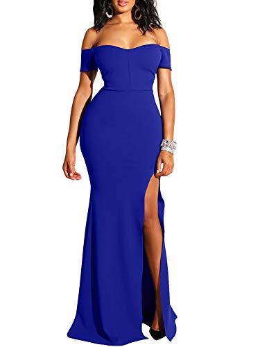 YMDUCH Women's Off Shoulder High Split Long Formal Party Dress Evening Gown Royal Blue - Image 3