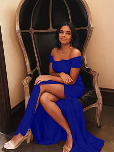 YMDUCH Women's Off Shoulder High Split Long Formal Party Dress Evening Gown Royal Blue - Image 4