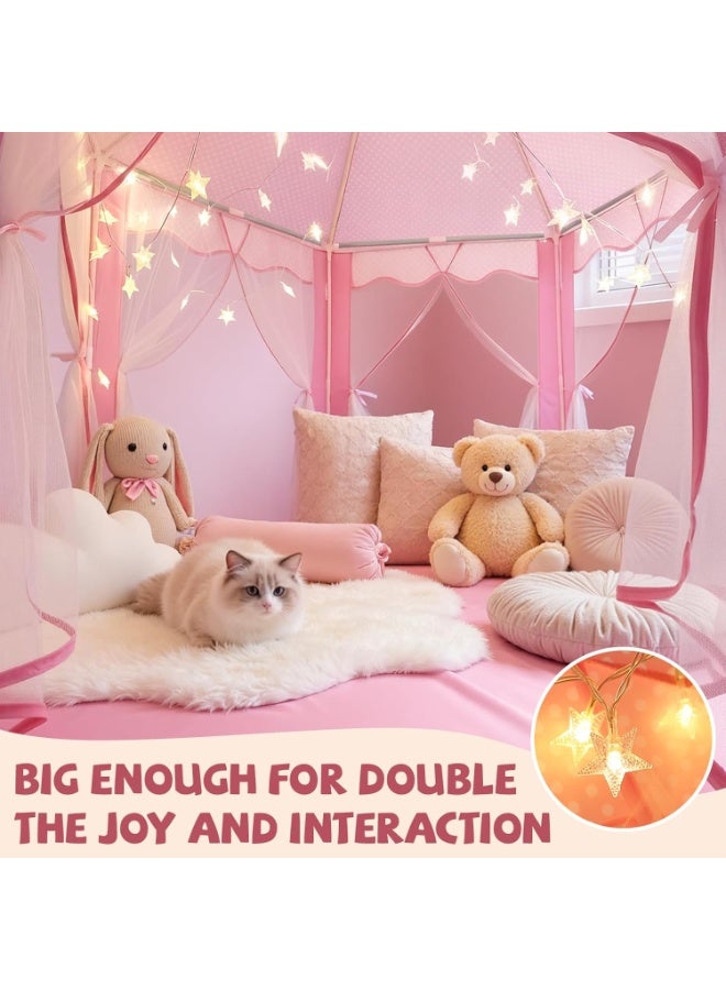 DubaiGallery Pink Polka Dot Kids Play Tent Castle Style with Net Curtains Star Lights Soft Mat Perfect Hideaway for Children Pretend Play Learning Fun Indoor Outdoor Bedroom Nursery Gift Idea Joy - Image 4