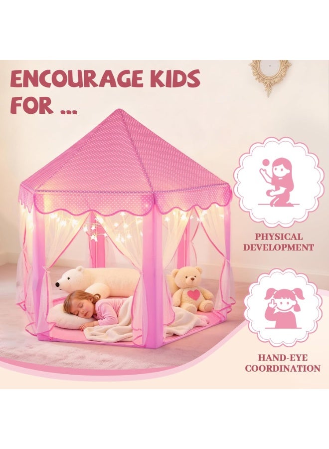 DubaiGallery Pink Polka Dot Kids Play Tent Castle Style with Net Curtains Star Lights Soft Mat Perfect Hideaway for Children Pretend Play Learning Fun Indoor Outdoor Bedroom Nursery Gift Idea Joy - Image 5