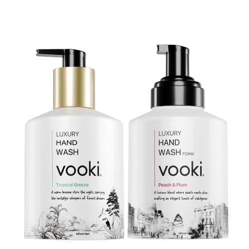 Vooki Luxury Moisturizing Hand Wash Foam Tropical Fresh Peach Plum Fragrance Hydrates Softens Skin EcoFriendly SulfateFree SLS Free For All Skin Types 405ml Combo Pack of 2 - Image 1