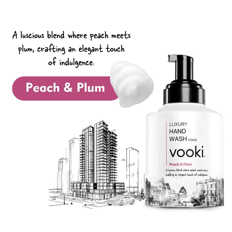 Vooki Luxury Moisturizing Hand Wash Foam Tropical Fresh Peach Plum Fragrance Hydrates Softens Skin EcoFriendly SulfateFree SLS Free For All Skin Types 405ml Combo Pack of 2 - Image 3