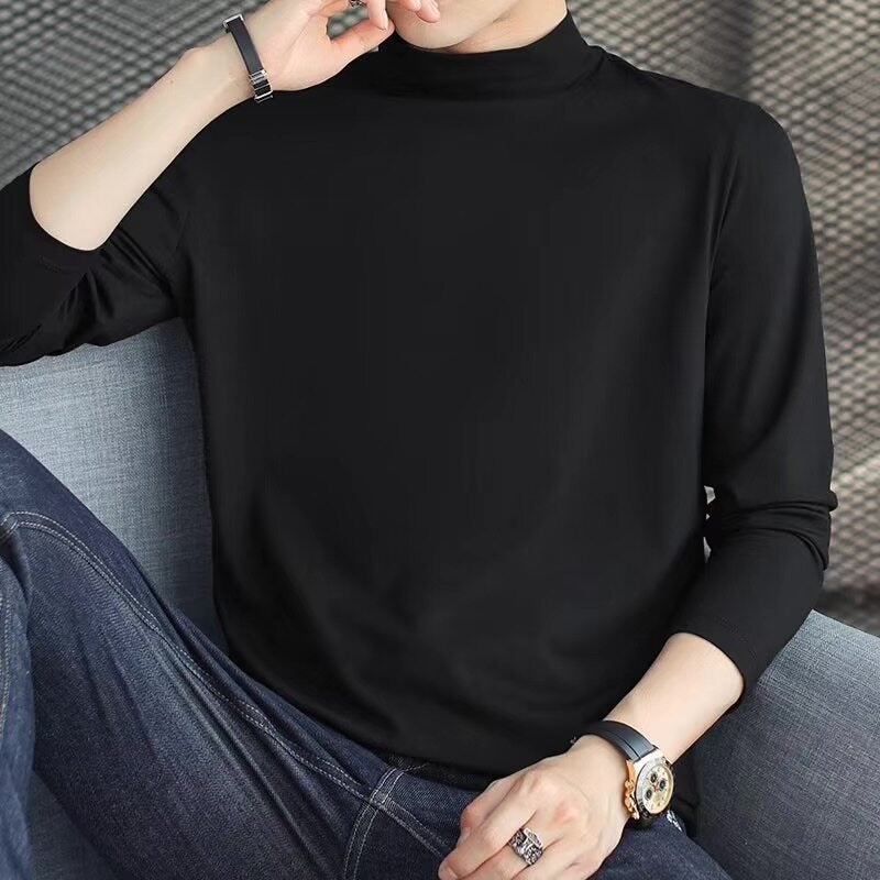 Autumn long-sleeved t-shirt men's solid color autumn clothes pure cotton modal half-turtleneck trendy Korean version thin mid-neck base shirt - Image 2