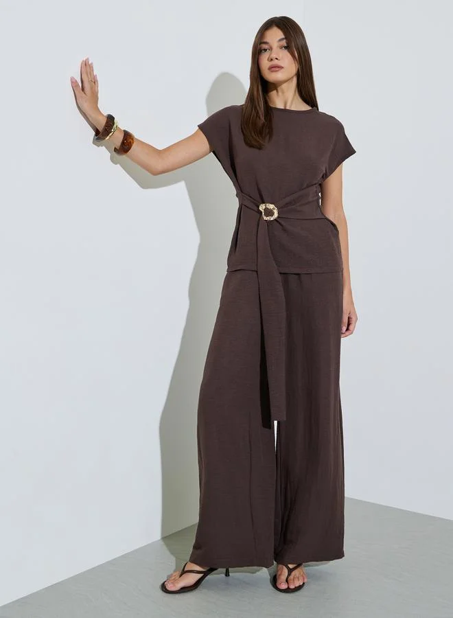 ستايلي Brown Cinched Top and Wide Leg Trousers Co-ord Set