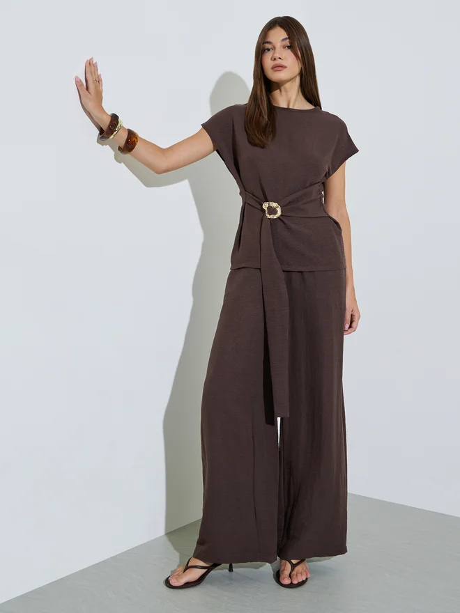 Styli Styli Brown Cinched Top and Wide Leg Trousers Co-ord Set