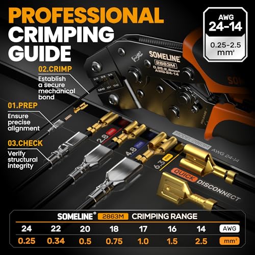 SOMELINE Spade Terminal Crimping Tool Kit AWG 24-14, 24 Types 2.8/3.9/4.8/6.3 mm Male & Female Quick Disconnect Non-Insulated Connectors - Open Barrel Crimping Tool - Image 2