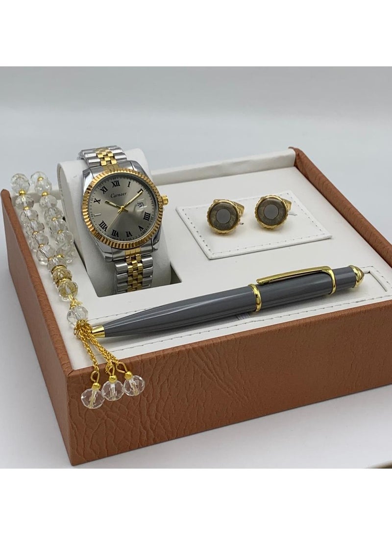Men's set from Carnaer, consisting of fuor pieces: a watch, a pen, cufflinks, and a rosary.