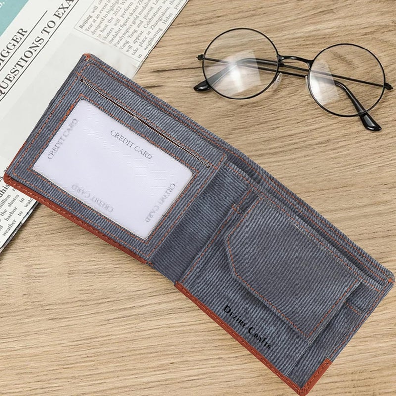 Dezire Crafts Denim PU Leather Bifold Wallet for Men | Slim & Stylish with ID Window, Coin Pocket, 3 Card Slots, 2 Currency Compartments & Hidden Pockets | Durable & Compact for Daily Use (Blue) - Image 5