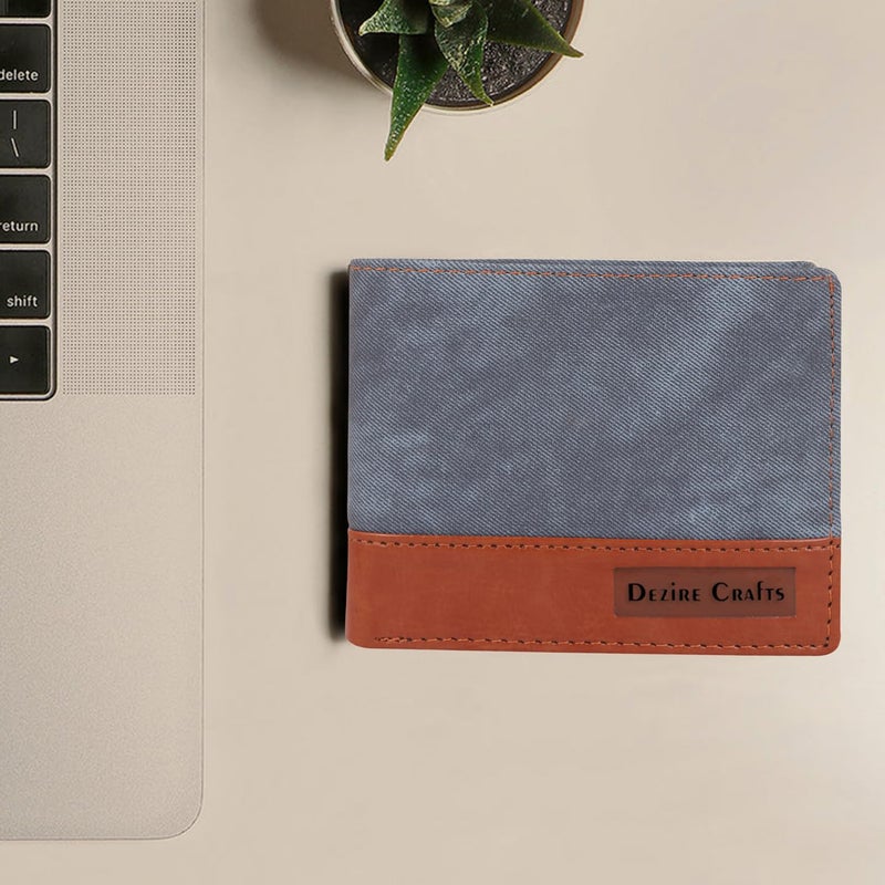Dezire Crafts Denim PU Leather Bifold Wallet for Men | Slim & Stylish with ID Window, Coin Pocket, 3 Card Slots, 2 Currency Compartments & Hidden Pockets | Durable & Compact for Daily Use (Blue) - Image 4