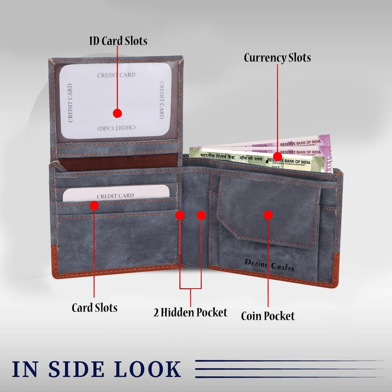Dezire Crafts Denim PU Leather Bifold Wallet for Men | Slim & Stylish with ID Window, Coin Pocket, 3 Card Slots, 2 Currency Compartments & Hidden Pockets | Durable & Compact for Daily Use (Blue) - Image 2